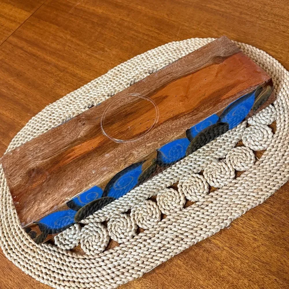 Vintage Hand Painted Wooden Serving Condiment or Trinket Tray Gold Blue Black
